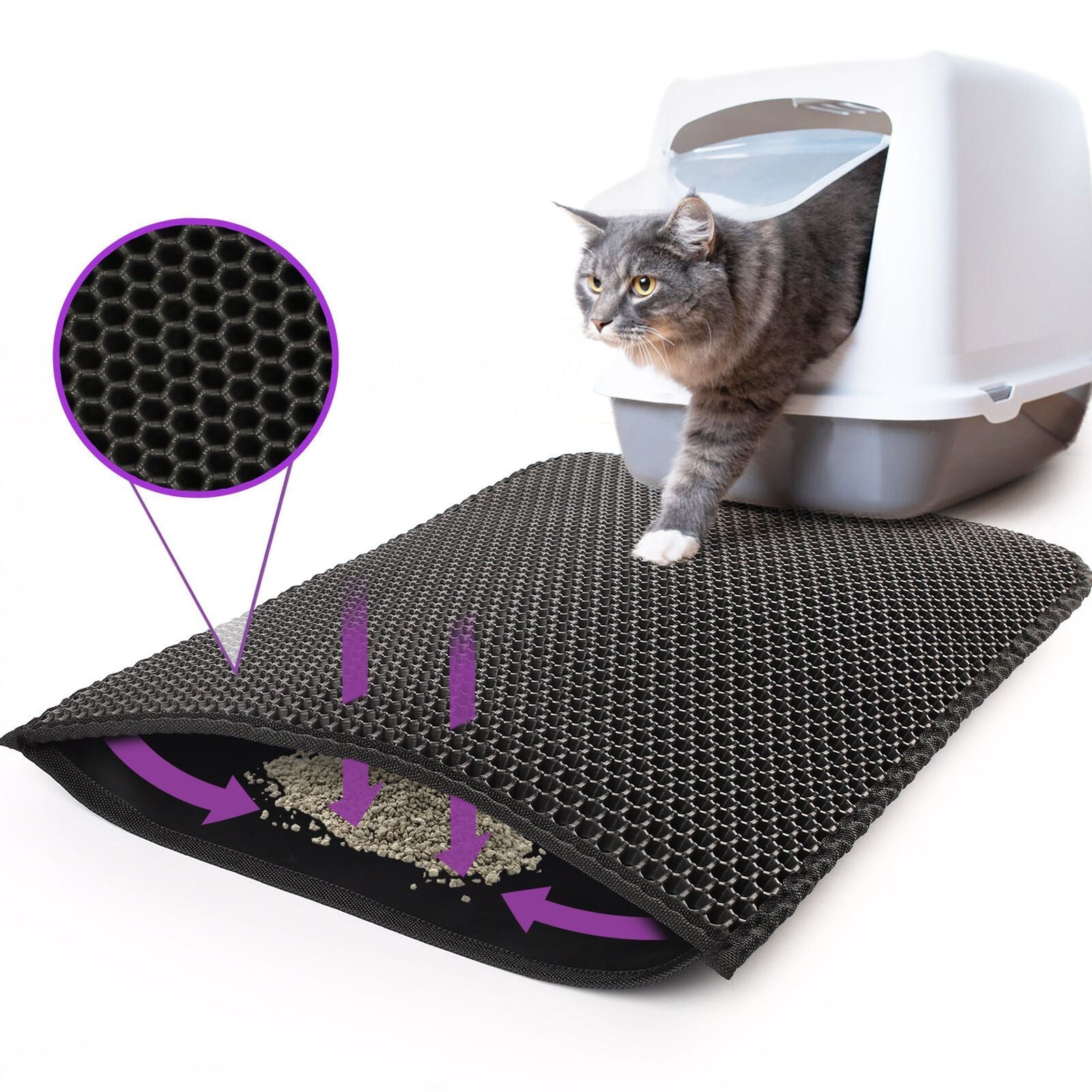 Cat litter mat with honeycomb trapping design