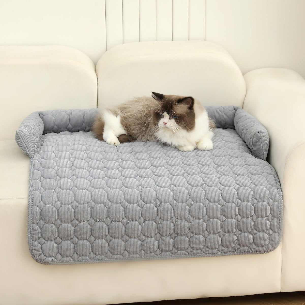 Premium Corduroy Pet Bed with Neck Pillow - Ultra Soft Calming Dog & Cat Blanket Mat