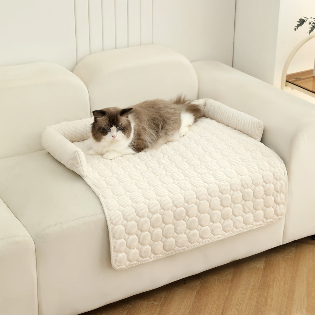 Premium Corduroy Pet Bed with Neck Pillow - Ultra Soft Calming Dog & Cat Blanket Mat