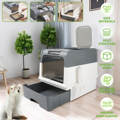 Foldable Enclosed Cat Litter Box with Drawer
