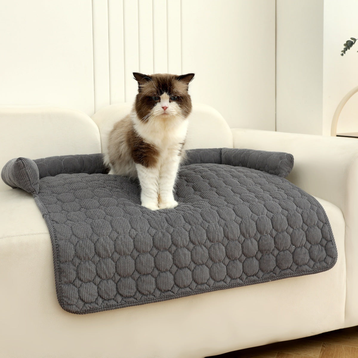 Premium Corduroy Pet Bed with Neck Pillow - Ultra Soft Calming Dog & Cat Blanket Mat