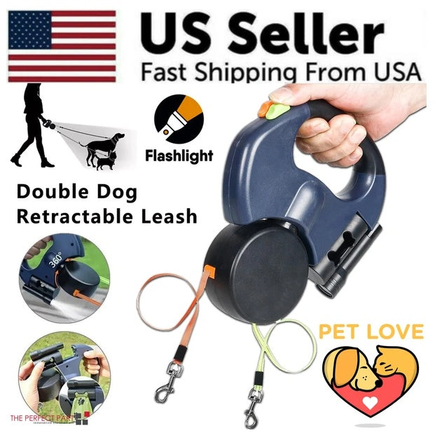🇺🇸 Retractable Dual Dog Leash with LED Light – Tangle-Free